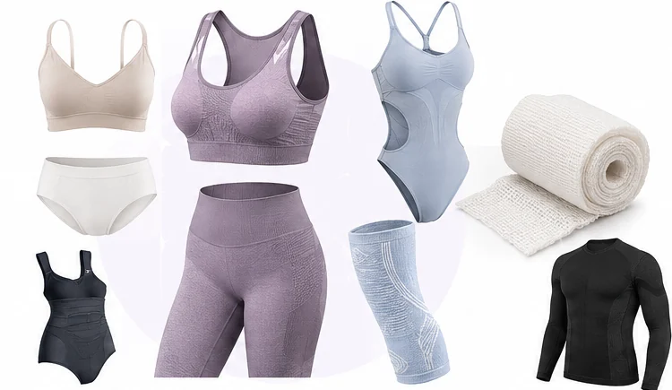 Seamless knitted products beyond activewear: bras, underwear, shapewear bodysuits, a compression knee sleeve, a thermal base layer and a roll of knitted gauze